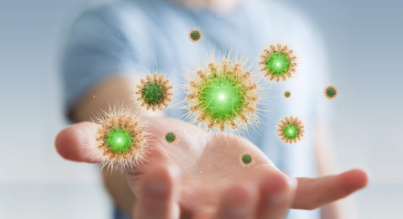 Man analyzing bacteria on microscopic close-up 3D rendering