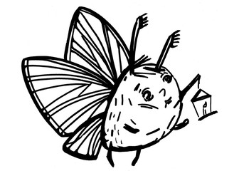 Illustration drawn by hand with a black marker. Cute moth flies with a flashlight. On white background. For banners and cards.