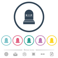 Tombstone with cross flat color icons in round outlines