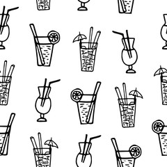 Obraz premium cocktails hand drawn seamless pattern in doodle style. cafe, bar