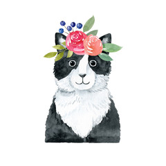 Cat with floral wreath- watercolor illustration isolated on white background. Hand drawn kitten character, front view. Monochrome portrait with roses. Print for t-shirts, apparel, posters, clothes.