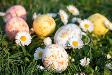 Easter festive beautiful multi-colored eggs on green grass with daisies