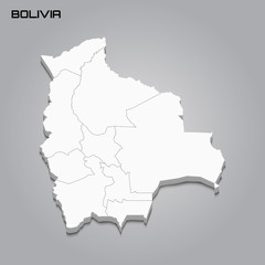 Bolivia 3d map with borders of regions