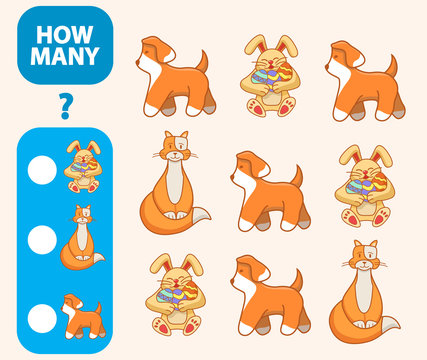 Count How Many  Cats,hares,dogs Is Educational Game. Maths Task Development Of Logical Thinking Of Children.Counting  Cat Games For Preschool  Kids.Easter Rabbit With Eggs.Flat Animal Character Vector