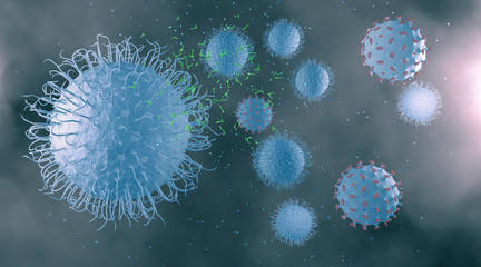 Fighting the immune system against flu and cold viruses - 3D illustration