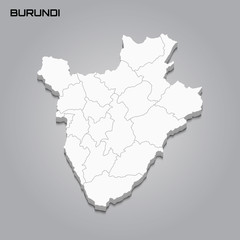 Burundi 3d map with borders of regions