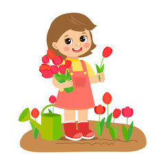 Cute cartoon girl with flower bouquet vector. Young farmer girl with tulip bouquet in the garden. Colorful simple design vector. Spring gardening vector illustration.