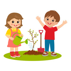 Cute cartoon kids working in the garden vector illustration. Kids plant a tree. Girl with watering can vector. Spring gardening. Spring in your step. Relaxed young man standing outdoors.
