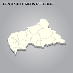Central African Republic 3d map with borders of regions
