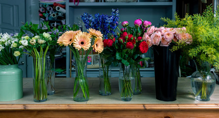 Floral shop concept . Beautiful bouquet of mixed flowers. Handsome fresh bunch. Flowers delivery.