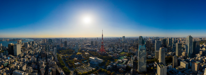 Aerial panorama view by drone of Tokyo Cityscape with Tokyo tower
