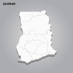 Ghana 3d map with borders of regions