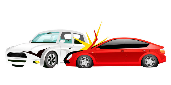 Car crash cartoon vector illustration. Smashed red sedan and white mini cooper flat color objects. Traffic accident, emergency situation. Automobiles wreck site isolated on white background