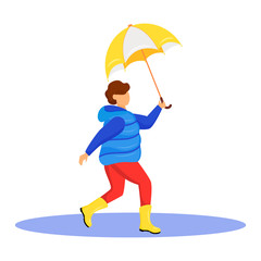 Boy in coat flat color vector faceless character. Running caucasian child in gumboots. Rainy weather. Autumn wet day. Kid with umbrella in hand isolated cartoon illustration on white background