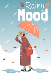 Rainy mood poster flat color vector template. Walking lady. Brochure, cover, booklet one page concept design with cartoon characters. Autumn nature. Advertising flyer, leaflet, banner, newsletter