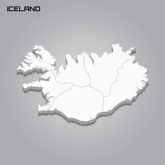 Iceland 3d map with borders of regions
