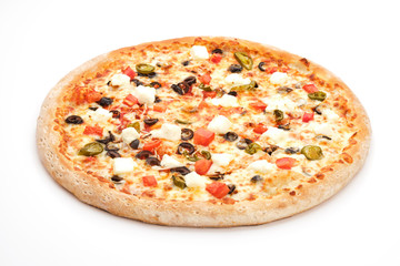 Fresh italian classic pizza with olives, mozzarella and jalapenos isolated on white background.