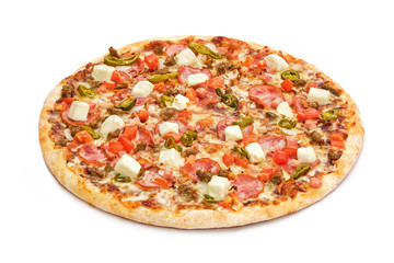 Fresh italian classic original pizza isolated on white background.