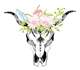 Vache, buffle, crâne de taureau dans un style tribal avec des fleurs. Bohème, illustration vectorielle boho. Symbole ethnique gitan sauvage et libre.
