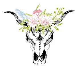 Papier Peint photo Boho Vache, buffle, crâne de taureau dans un style tribal avec des fleurs. Bohème, illustration vectorielle boho. Symbole ethnique gitan sauvage et libre.
