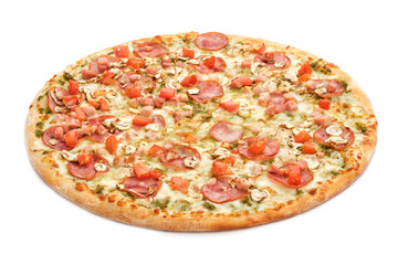 Tasty fresh italian classic pizza with tomato sausages, bacon and mushrooms isolated on a white background.