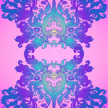 Vintage baroque floral seamless pattern in bright neon colors. 1980s style. Ornate vector decoration. Luxury, royal and Victorian concept. Vintage design with repetition. Heraldic floral texture.