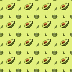 Digital illustration square seamless pattern with avocado on a light yellow background. Print for banners, web design, invitation cards, paper, fabrics, packaging, cards.