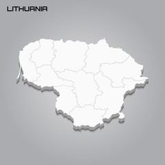 Lithuania 3d map with borders of regions