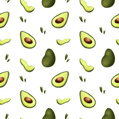 Digital illustration square seamless pattern with avocado on a white background. Print for banners, web design, invitation cards, paper, fabrics, packaging, cards.