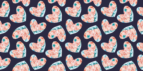 Naklejka premium Watercolor hearts seamless pattern. decorative, pink illustration