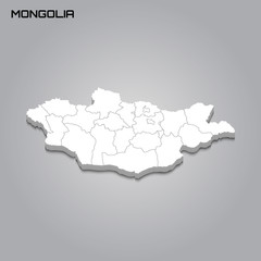 Mongolia 3d map with borders of regions