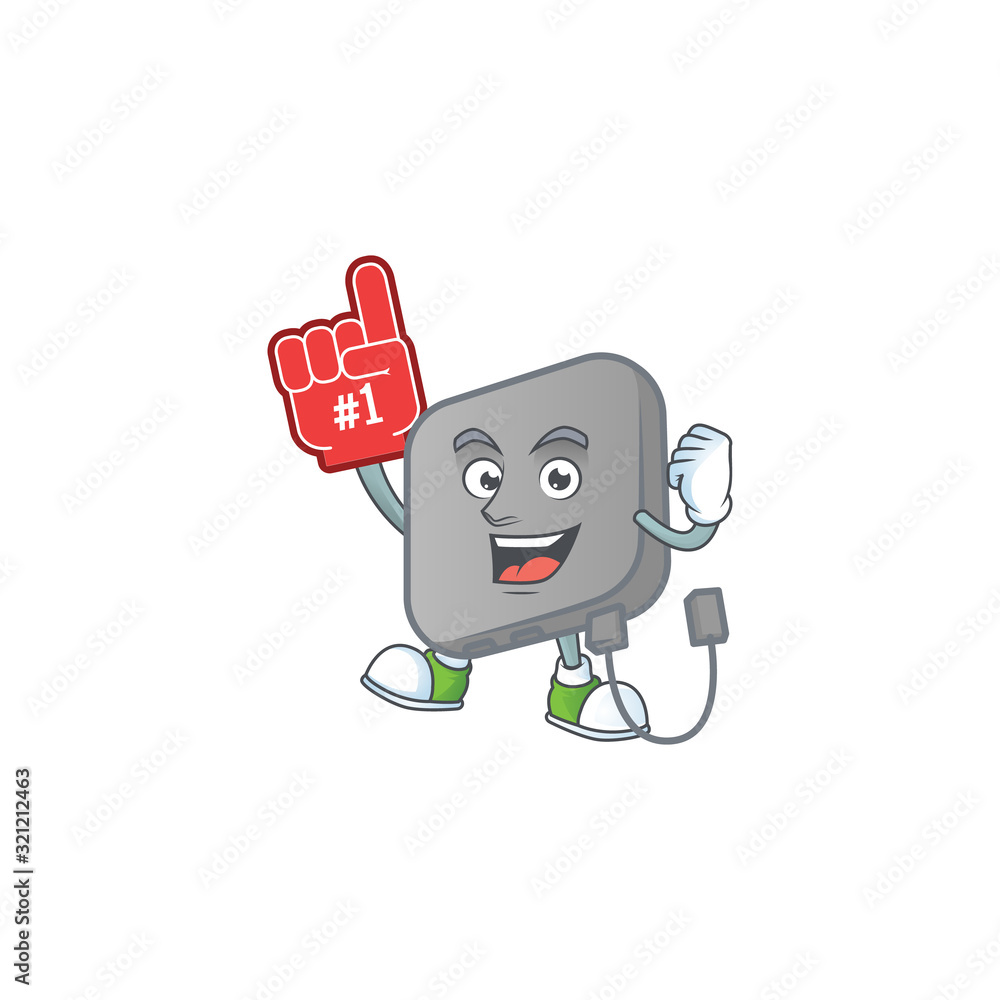 Poster a cartoon design of power bank holding a foam finger