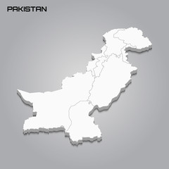 Pakistan 3d map with borders of regions