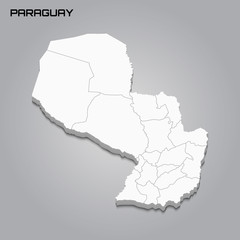 Paraguay 3d map with borders of regions