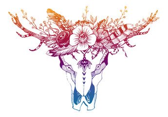 Vache, buffle, crâne de taureau dans un style tribal avec des fleurs. Bohème, illustration vectorielle boho. Symbole ethnique gitan sauvage et libre.