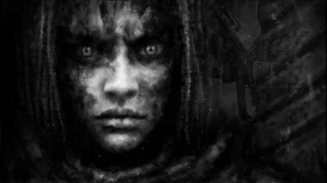 Sad female face close-up. Sci-fi short 4K animation. Beautiful girl face in the mud on the background of wall scratched by the claws of monster in black and white colors.