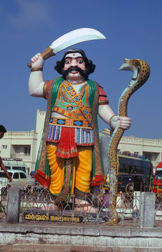 A statue of a demon outside the Chamundi Devi Temple atop the Chamundi Hill, near Mysore, Karnataka, India