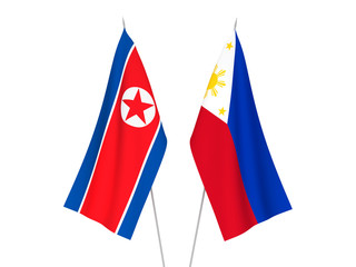 National fabric flags of Philippines and North Korea isolated on white background. 3d rendering illustration.