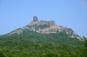 Fototapeta premium Pinnacle of Karnala fort, surrounded by the moist deciduous forest of Karnala Bird Sanctuary, India