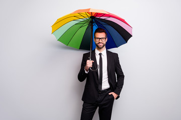 Confident cool executive collar real estate agent have rainy day go walk to work job hold colorful umbrella wear blazer jacket white black necktie isolated grey color background