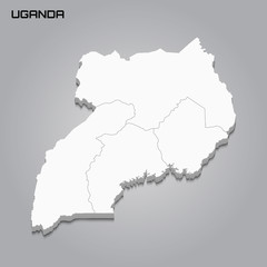 Uganda 3d map with borders of regions