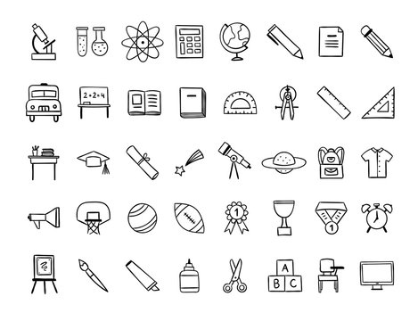 Learning icons set. Vector hand drawn outline icons and symbols for education and school