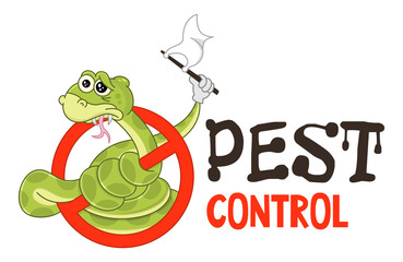 Funny vector illustration of pest control logo for fumigation business. Comic locked snake surrenders. Design for print, emblem, t-shirt, sticker, logotype, corporate identity, icon.