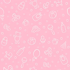 Fotobehang Baby cute seamless pattern. Pink girl texture. Kid background. Vector illustration in doodle style. © Elena Pimukova