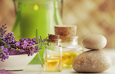 SPA products with essential oils and lavender flowers