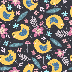 Fototapeta premium Seamless pattern with cartoon birds, flowers, decor elements on a neutral background. colorful vector. hand drawing. ornament, flat style. design for fabric, print, textile, wrapper