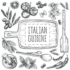 Set with hand drawn illustrations of food. Italian cuisine. Perfect for menu, cards, blogs, banners. vector illustration in vintage style