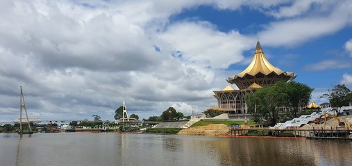 Kuching, Sarawak / Malaysia - February 6, 2020: The Waterfront area and Carpenter Street of Kuching