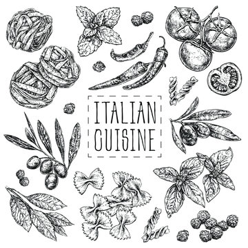 Set with hand drawn illustrations of food. Italian cuisine. Perfect for menu, cards, blogs, banners. vector illustration in vintage style