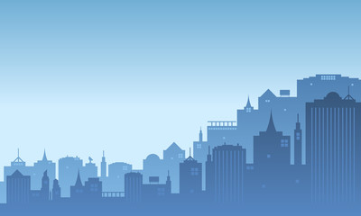 Naklejka premium Vector illustration in an urban environment with tall buildings in the morning